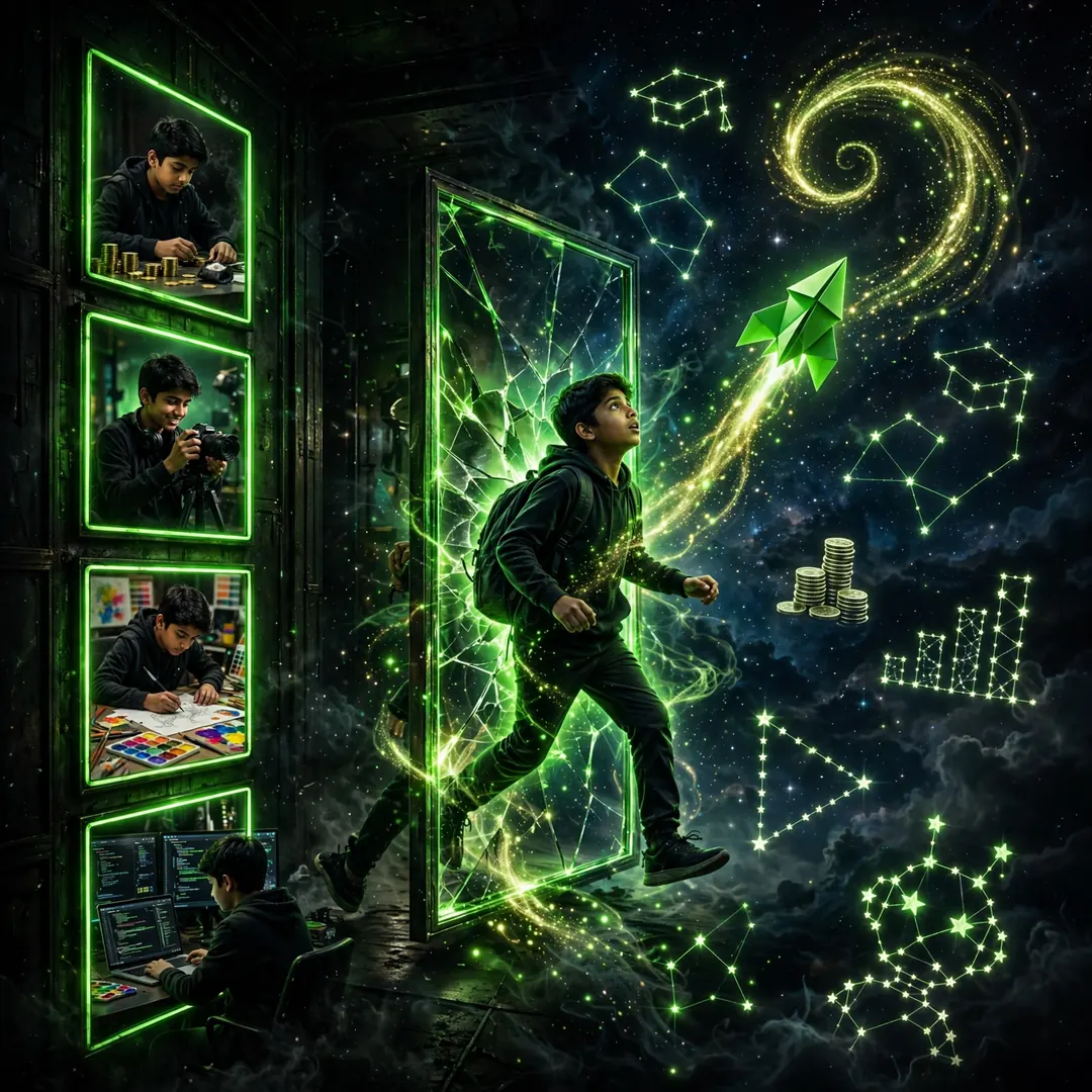 A boy stepping through a glowing green mirror into a starry sky, releasing a paper rocket toward his future